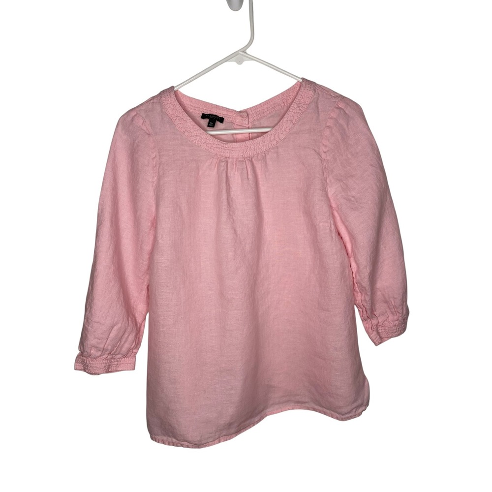 Talbots Petite Pink 100% Linen Button Back 3/4 Sleeve Smocked Blouse MP